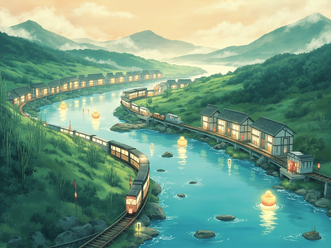 持久化checkpoint机制图:蜿蜒的数据河流从山间流出,河岸两侧是PostgreSQL服务器机房建筑,河中有checkpoint浮标标注编号,Agent列车在河流上运行,每节车厢都载着数据