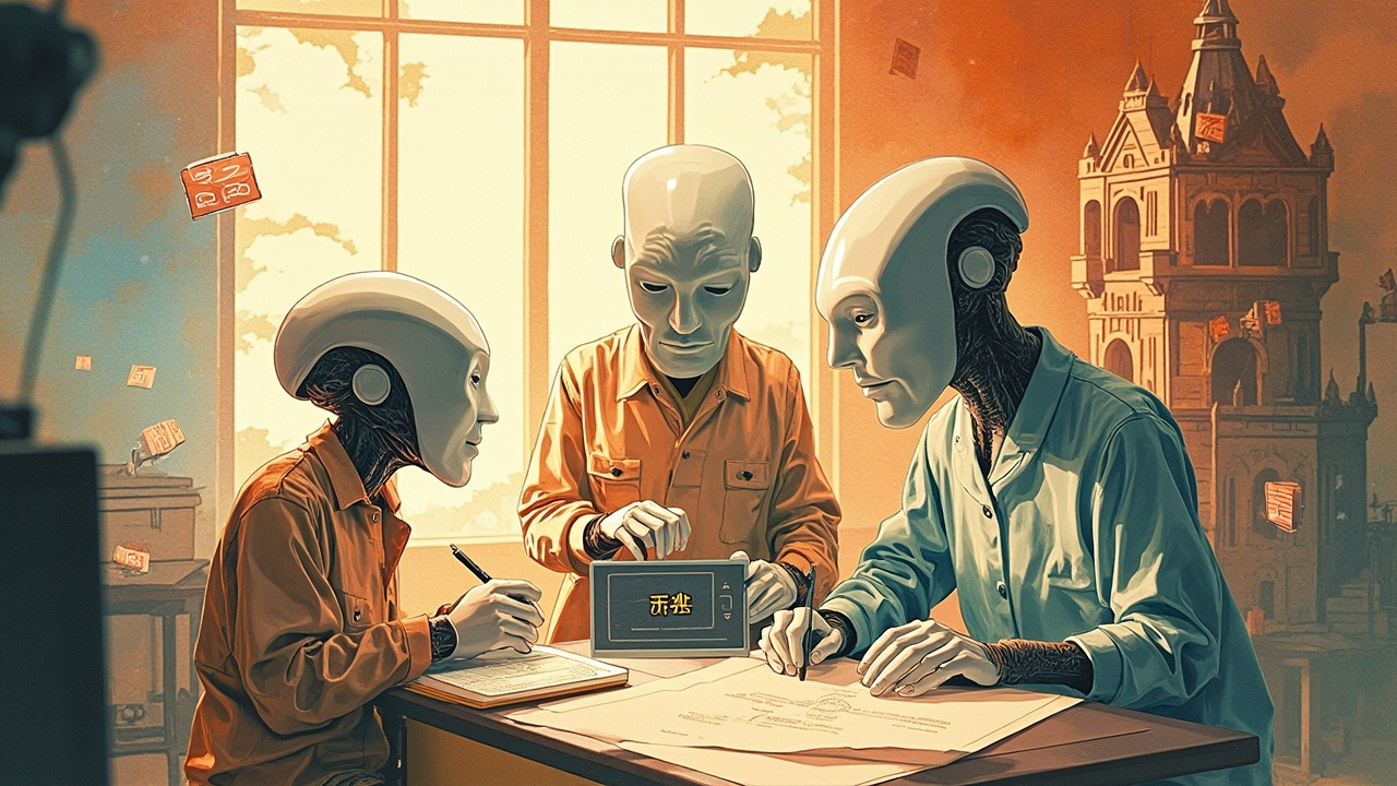 三个AI Agent在像素游戏场景中协作，Generator在编写代码，Evaluator在测试，Planner在规划，整体呈现吉卜力风格的团队合作画面