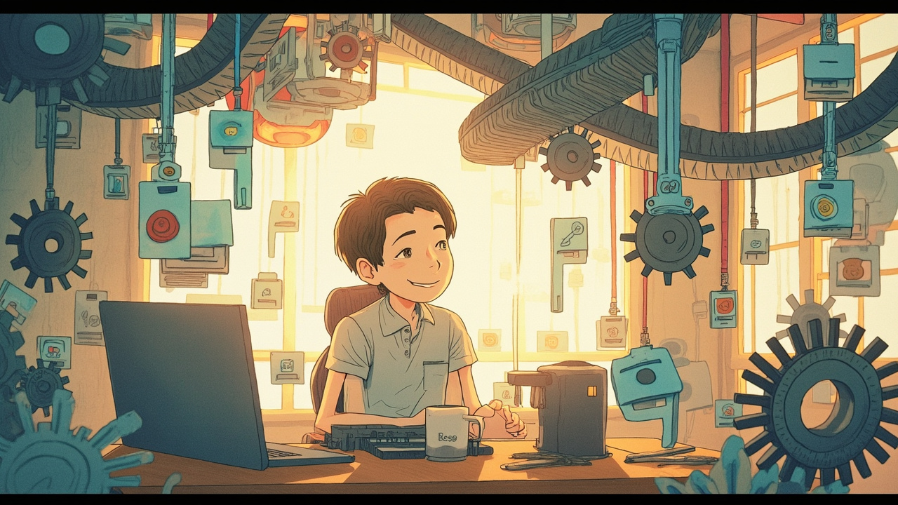 程序员坐在工作台前，周围环绕着多个自动化齿轮和流水线场景，代表 hooks 将 Claude 的行为抽离并自动化