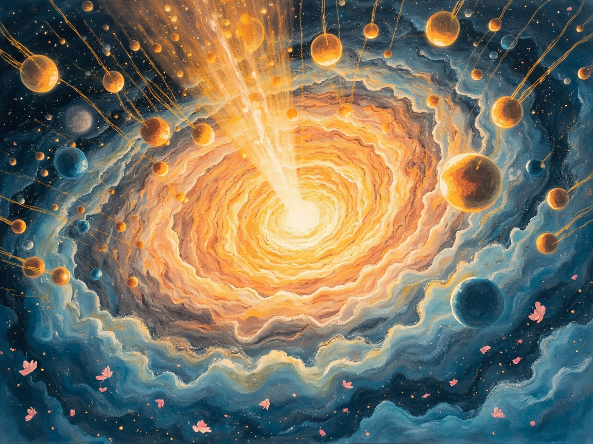 人才双向流动图，深渊中多道光流汇聚成发光的漩涡