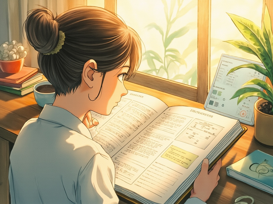 一本打开的指南手册放在桌上，旁边是Codex的工具界面，一个认真学习的人专注地看着教程，窗外有阳光，氛围安静而认真