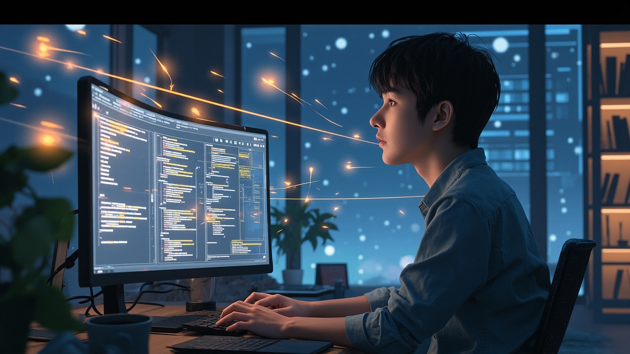 一位年轻工程师坐在深夜的工作室中，面前是发光的代码界面，周围的空气中悬浮着代码片段、数据流和微缩的系统架构图，他正在专注地与AI助手协作编程，光线温暖而充满未来感