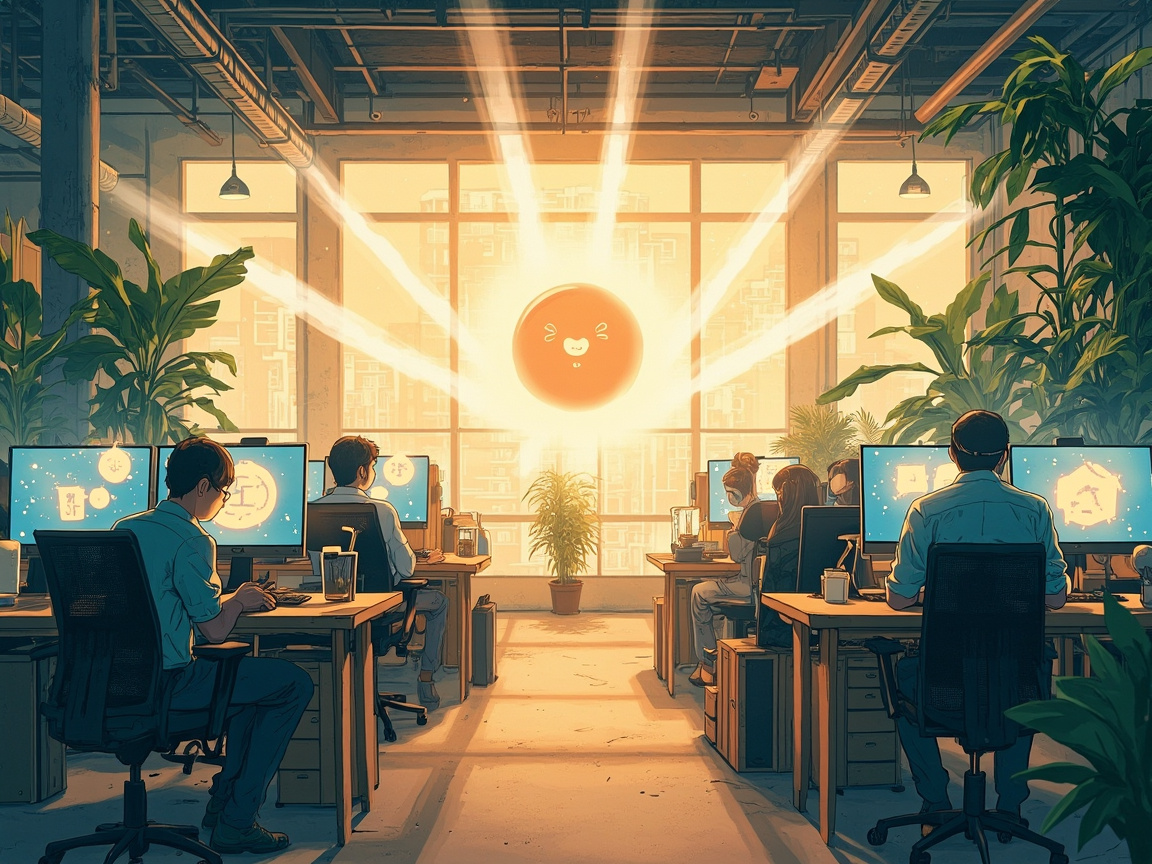 开放办公空间中，不同团队的开发者在各自工位上同时使用Codex工具，画面中心是一个发光的AI图标连接着多个程序员