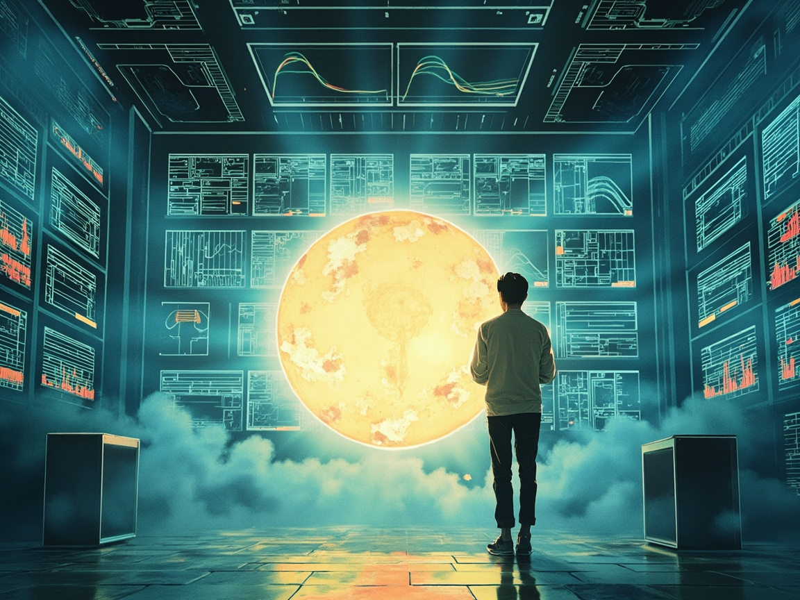 一个人站在巨大的预训练集群机器前，屏幕显示数据流和训练曲线，Claude 的抽象光球核心悬浮在中央，象征用 Claude 加速预训练研究。